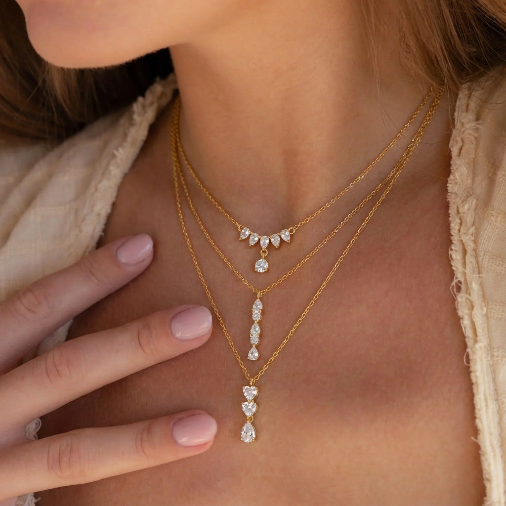 Stylish Teardrop & Heart Stone Gold CZ Anti Tarnish Copper Necklace