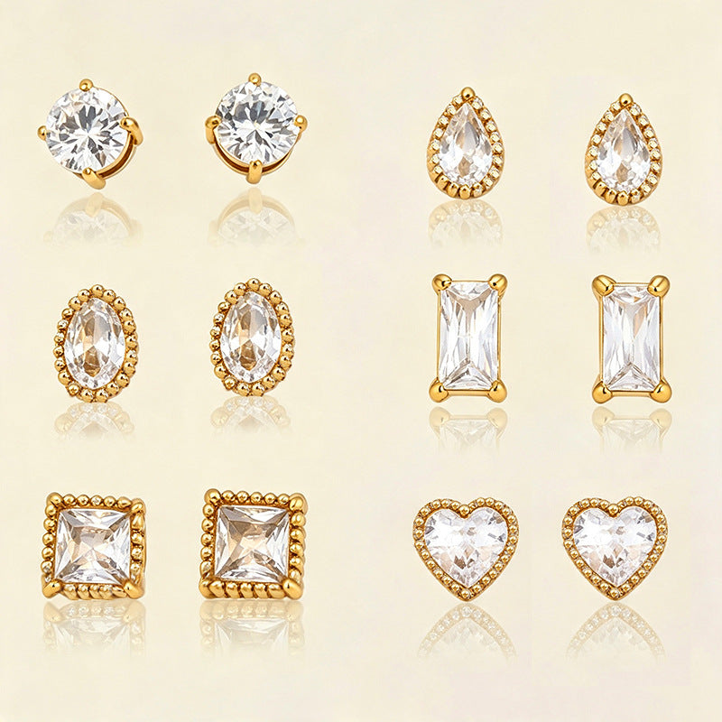 Designer Round Teardrop Square Heart Gold Plated CZ Copper Stud Earrings