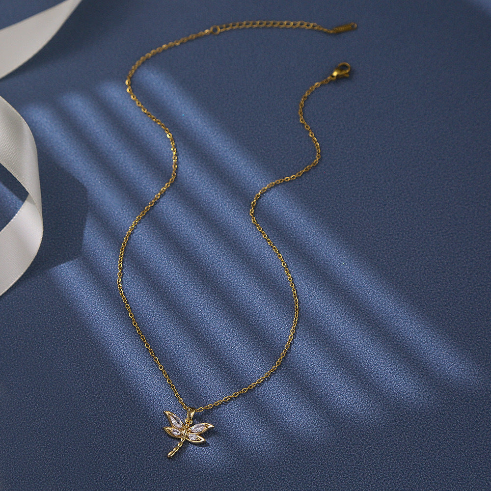 Dragonfly Cubic Zirconia 18K Gold Stainless Steel Anti Tarnish Necklace Pendant Chain For Women