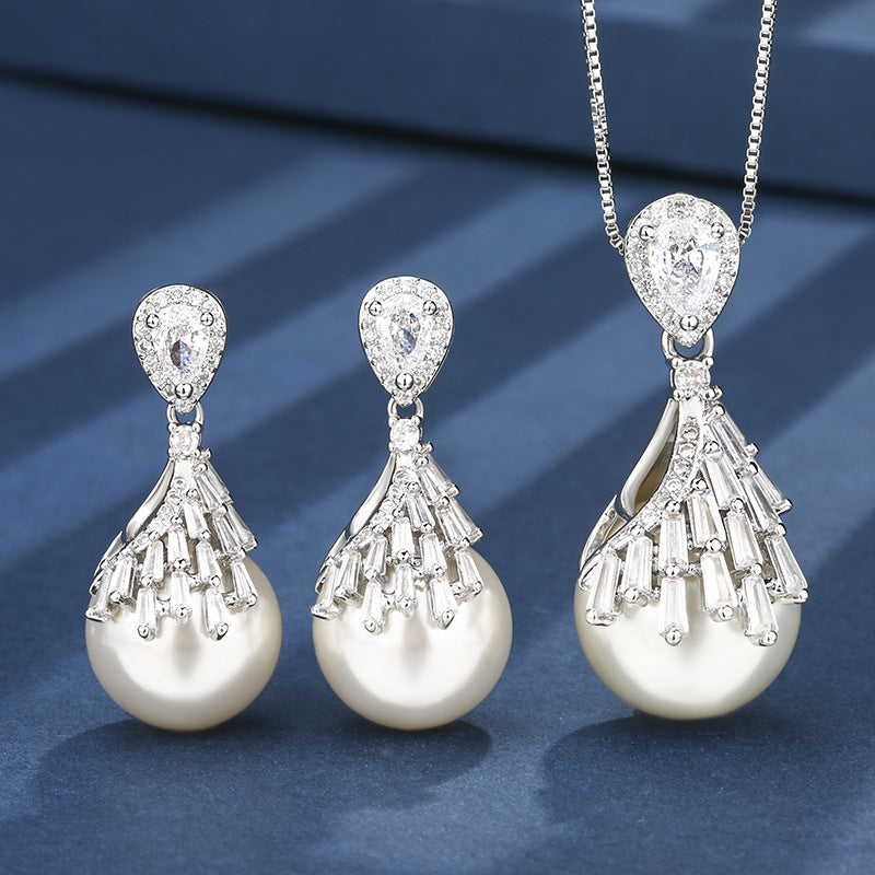 Drop White Silver Pearl Cubic Zirconia Necklace Earring Set For Women