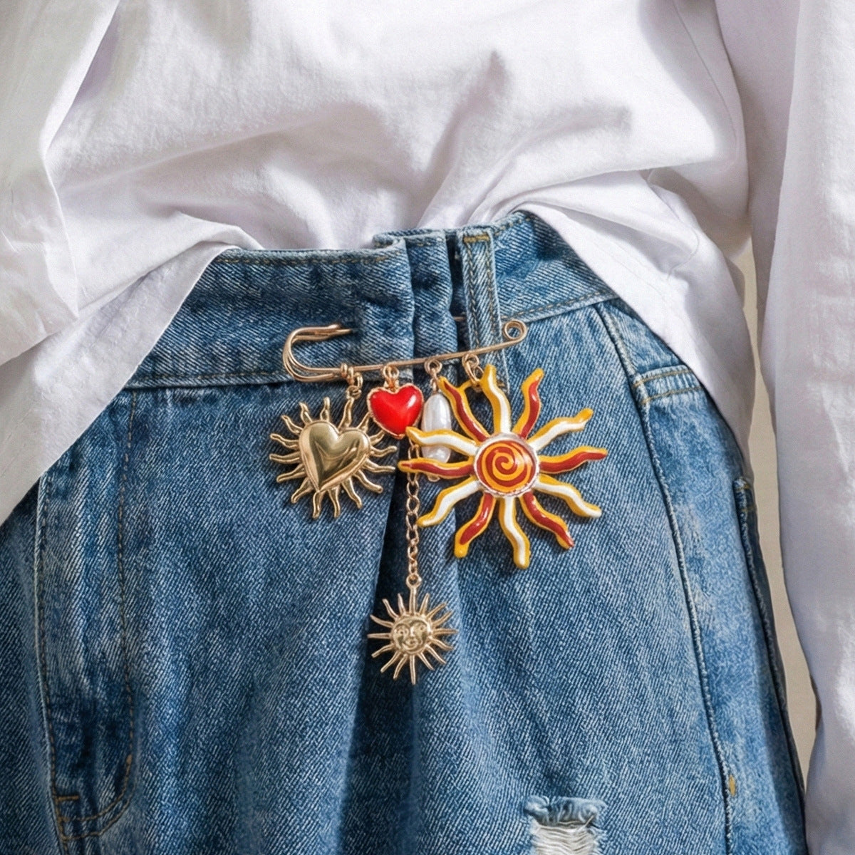 Multi Color Sun,Heart,Pearl,SafetyPin Gold Enamel Brooch For Women