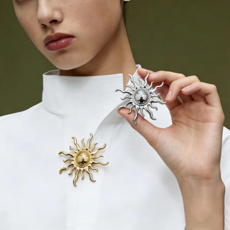 Gold Silver Vintage Sun Rays Plated Plain Alloy Brooch For Women