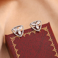 Silver Triangle Floral Cubic Zirconia Copper Stud Earrings For Women