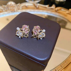 White Pink Heart Bow Gold Pearl Cubic Zirconia Stud Earrings For Women