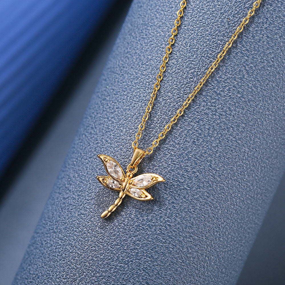 Dragonfly Cubic Zirconia 18K Gold Stainless Steel Anti Tarnish Necklace Pendant Chain For Women