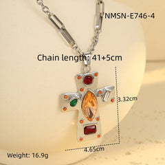 Jesus Cross Silver Brown Multi Gemstone Stainless Steel Anti Tarnish Pendant Chain Necklace For Women