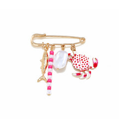 Multi Color Fish,Crab,Pearl,Safety Pin Gold Enamel Brooch For Women