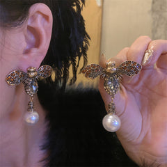 Gold Bee Pearl Drop CZ Earrings for Women