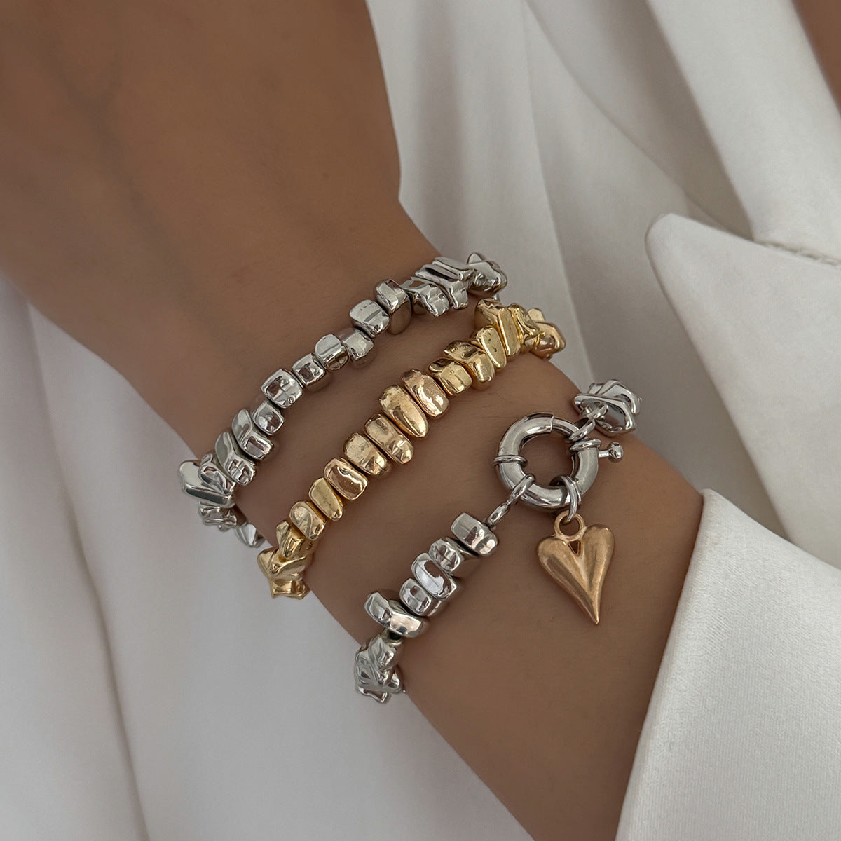 Layered Heart Elastic Stretchable Dual Tone Gold Silver Plated Bracelet