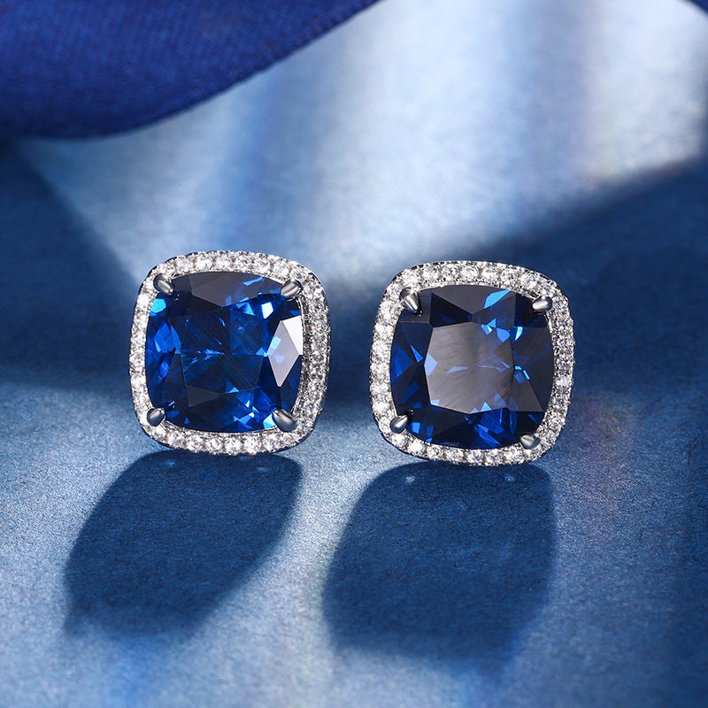 Square Silver Red Green Blue CZ Anti Tarnish Stud Earring