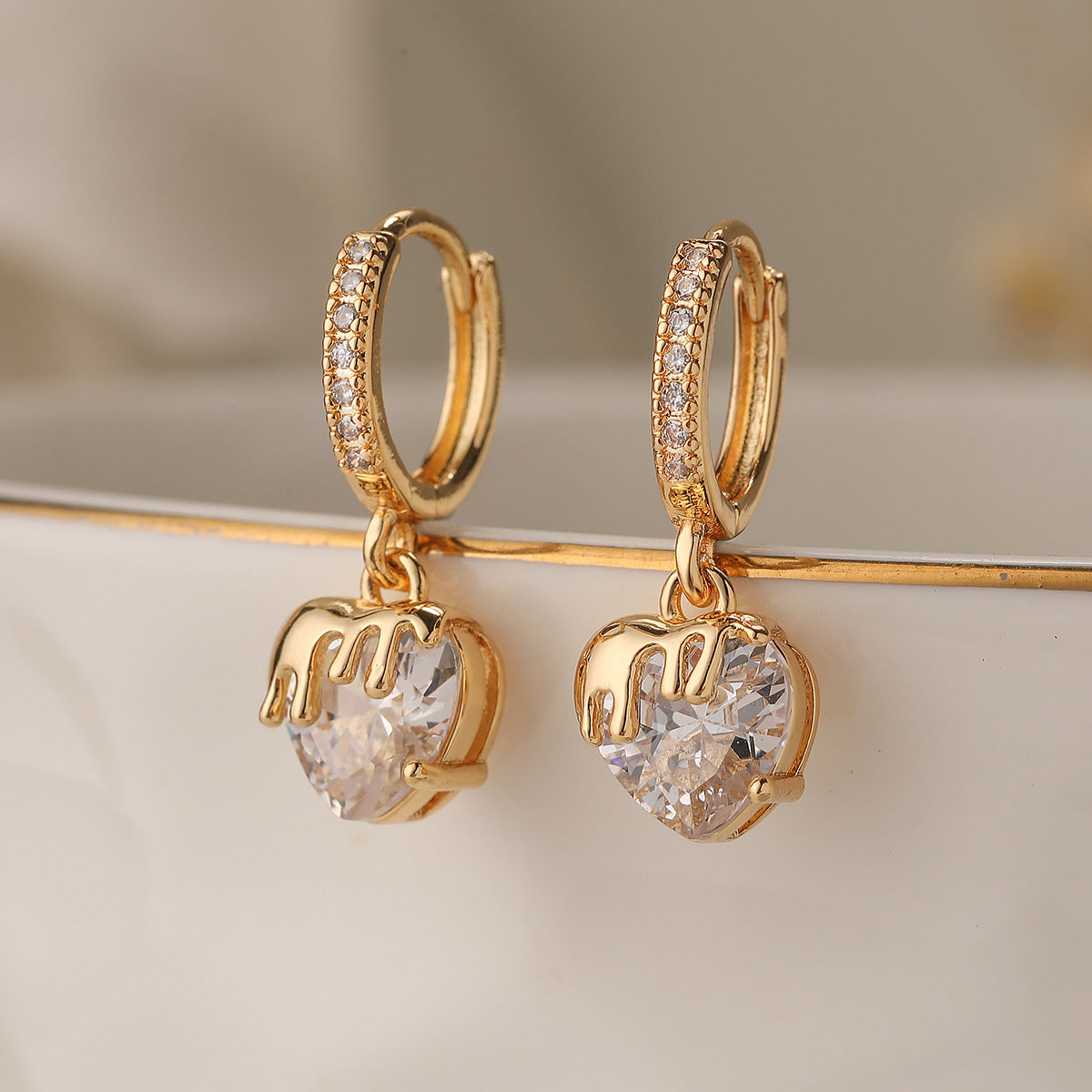 Gold Heart Cubic Zirconia Anti Tarnish Copper Hoop Earrings For Women