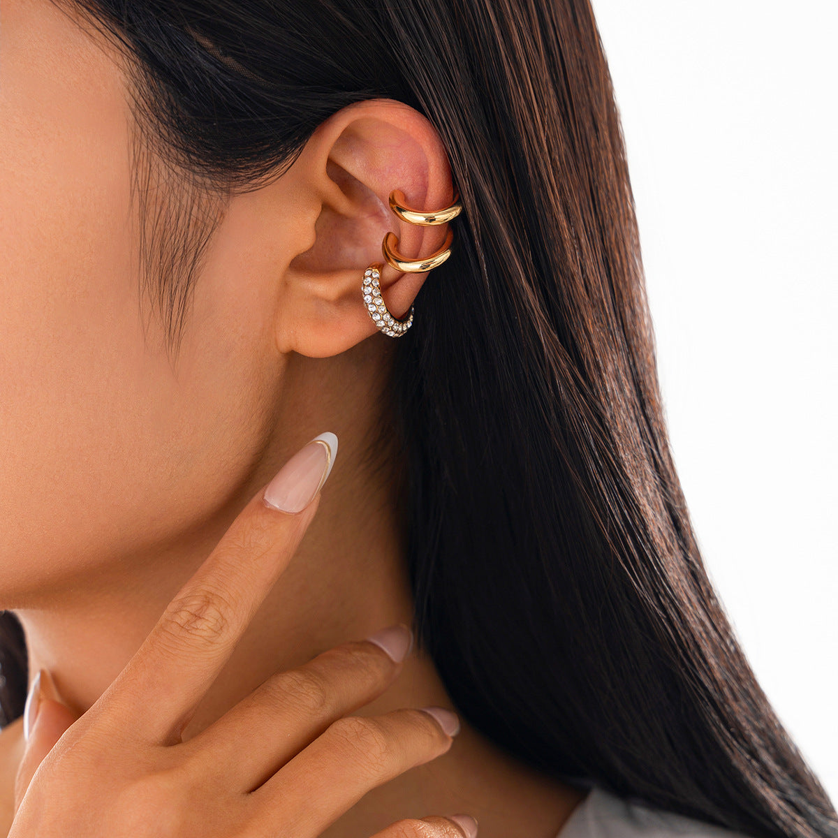 Studded 18K Gold Rhinestone Ear Cuff Earring Combo Pack Of 3 For Women