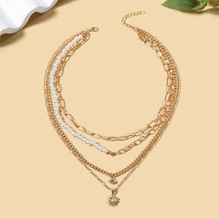 Multi Layer Gold Chain White Pearl Blue Evil Eye Sun Charm Alloy Necklace