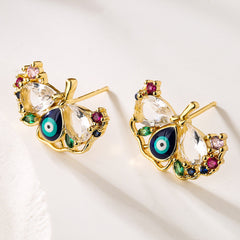 Multi Color Evil Eye Gold Cubic Zirconia Copper Stud Earrings For Women