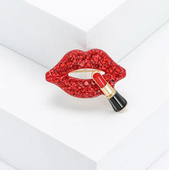 Red Lips & Lipstick Gold Plated Rhinestone Brooch For Women