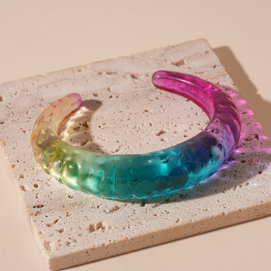 Beaten Surface Acrylic Rainbow Transparent Cuff Bracelet For Women