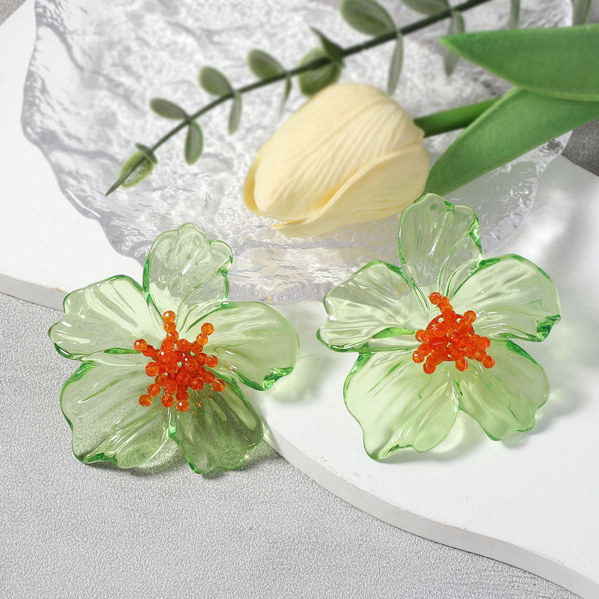 Acrylic Transparent Flower Orange Dangler Stud Earring For Women