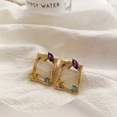 Multi Color Square Shape Gold Plated CZ Stainless Steel Stud Earrings