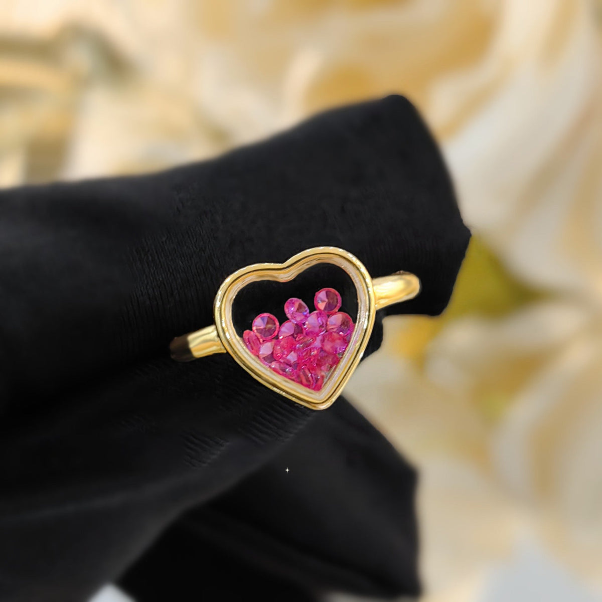 Heart Inside Beads Pink 18K Gold Anti Tarnish Free Size Ring For Women