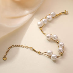 White Pearl 18K Gold Stainless Steel Dual Layer Chain Bracelet For Women