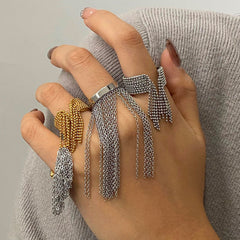 Two Tone Surface Link Chain 18k Gold Silver Stainless Steel Adjustable Ring For Women