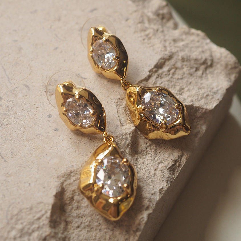 Designer Organic Shape Gold Plated CZ Anti Tarnish Copper Drop Earrings