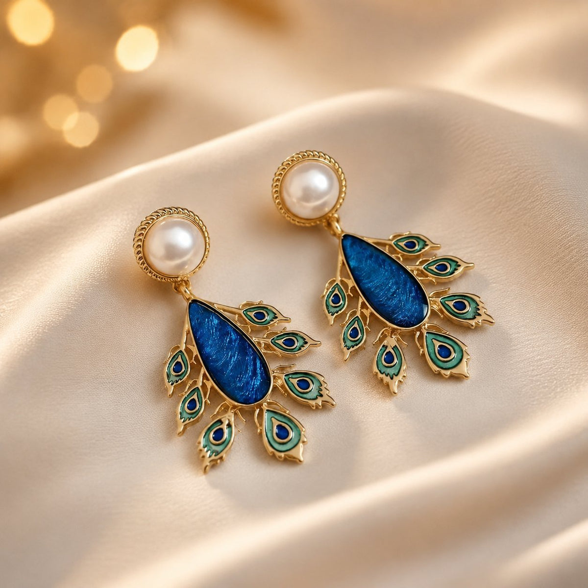 Designer Peacock Gold Plated Blue & Green Enamel Pearl Dangler Earrings