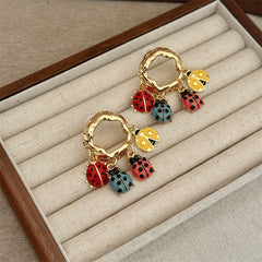 Designer Multi Color Enamel Gold Plated Ladybug Charm Hoop Earrings