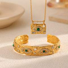 Green Evil Eye Gold Plated CZ Stainless Steel Necklace & Cuff Bracelet
