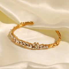 Baguette 18K Gold Plated Cubic Zirconia Stainless Steel Anti Tarnish Cuff Bracelet For Women