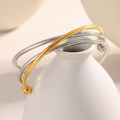 Dual Cross 18K Gold Stainless Steel Anti Tarnish Silver Openable Cuff Kada For Women