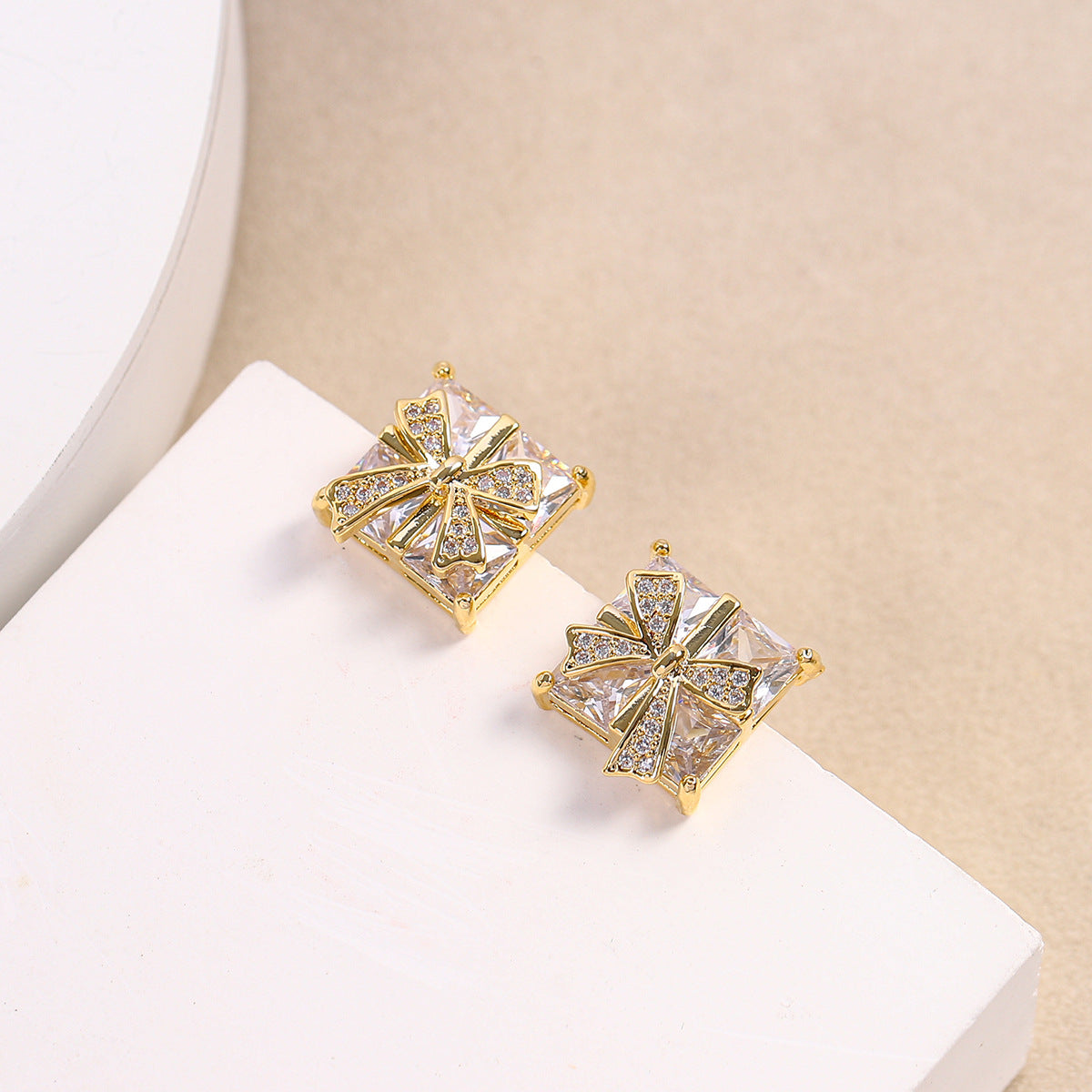White Sparkling Bowknot Gold Plated CZ Anti Tarnish Copper Stud Earrings