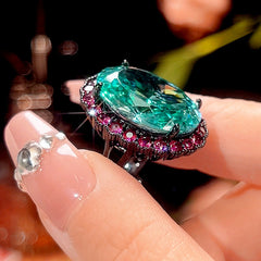 Oval Emerald Green Pink Gold Crystal Anti Tarnish Adjustable Ring