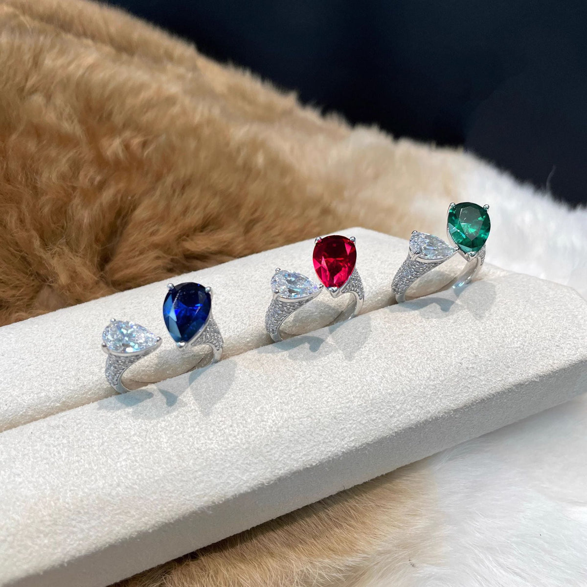 Dual Drop Solitaire Cubic Zirconia Silver Red Green Blue Anti Tarnish Free Size Ring For Women