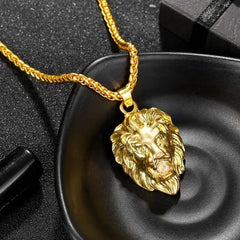 Hip Hop Iced Out Lion King Kings Landing Gold Rhinestone Crystal Stainless Steel Pendant Chain