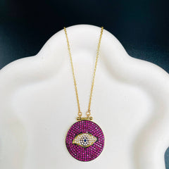 Evil Eye 18K Gold Plated Cubic Zirconia Pink Anti Tarnish Pendant Chain For Women