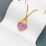 Heart Lock Brass Green Gold Pendant Chain Necklace For Women