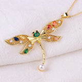 Exquisite Dragonfly Cubic Zirconia Crystal Multicolour 18K Gold Anti Tarnish Pendant Chain For Women