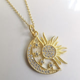 Crescent Star Sun Cubic Zirconia 18K Gold Anti Tarnish Pendant Chain For Women