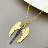 Angle Feather Crystal Blue 18K Gold Anti Tarnish Pendant Chain For Women