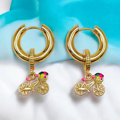 Tiny Cycle Enamel Pink 18K Gold Anti Tarnish Dangler Hoop Earring For Women/Kids