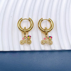 Tiny Cycle Enamel Pink 18K Gold Anti Tarnish Dangler Hoop Earring For Women/Kids