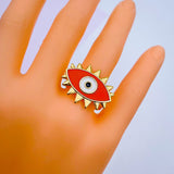 Flower Oval Evil Eye Red Enamel Gold Adjustable Free Size Band Ring Women Gift