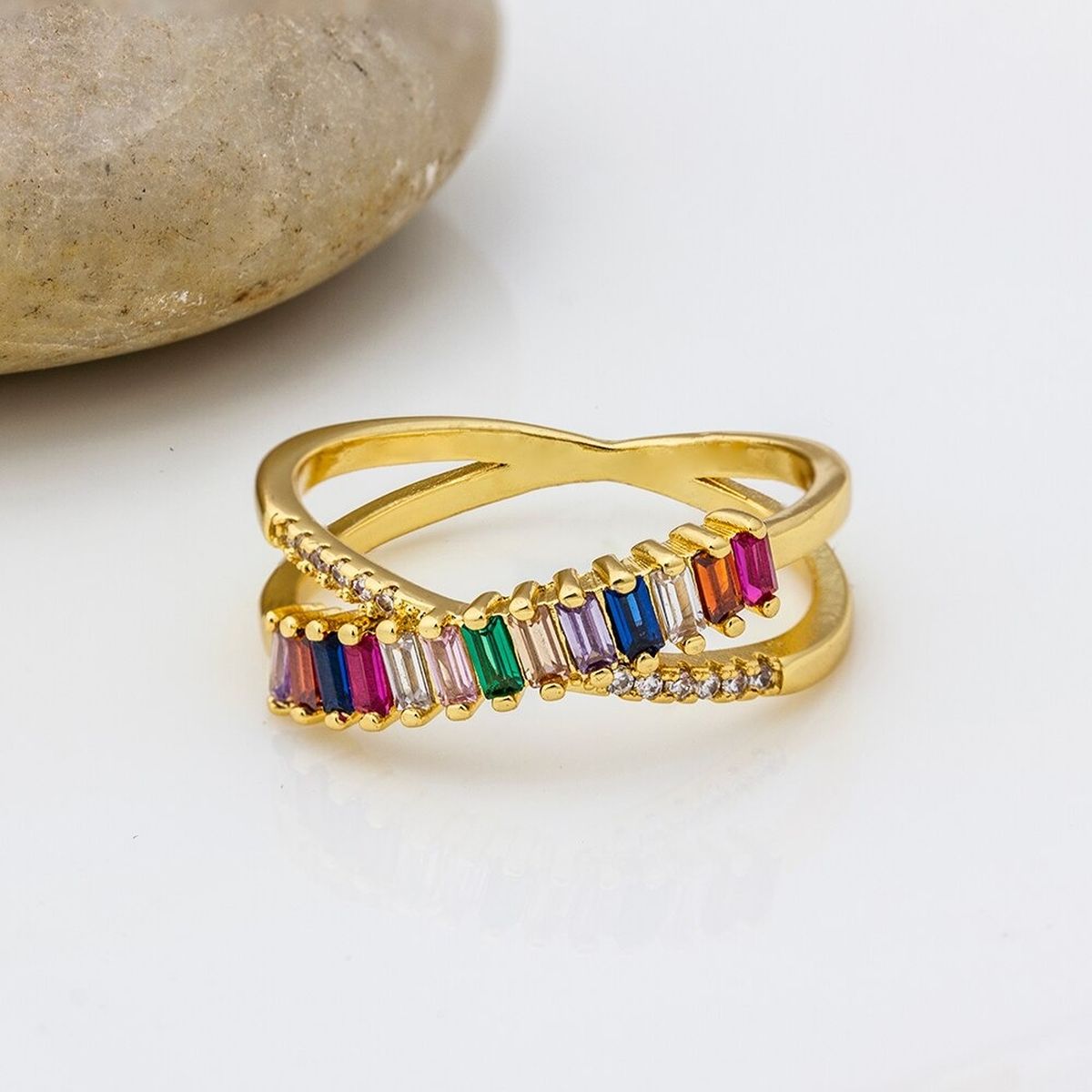 Rainbow Gold Multicolour Copper American Diamond Crystal Band Ring For Women