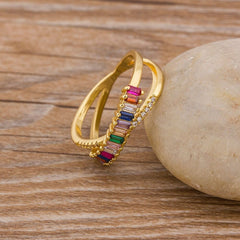 Rainbow Gold Multicolour Copper American Diamond Crystal Band Ring For Women