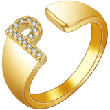 Initial Alphabets Letter American Diamond Gold Adjustable Band Ring For Women