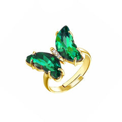 Butterfly Gold Green Copper Crystal Adjustable Ring For Women