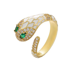 Snake Copper Cubic Zirconia Enamel Gold White Adjustable Ring Women