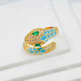 Snake Copper Cubic Zirconia Enamel Gold Green Adjustable Ring Women