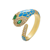 Snake Copper Cubic Zirconia Enamel Gold Green Adjustable Ring Women